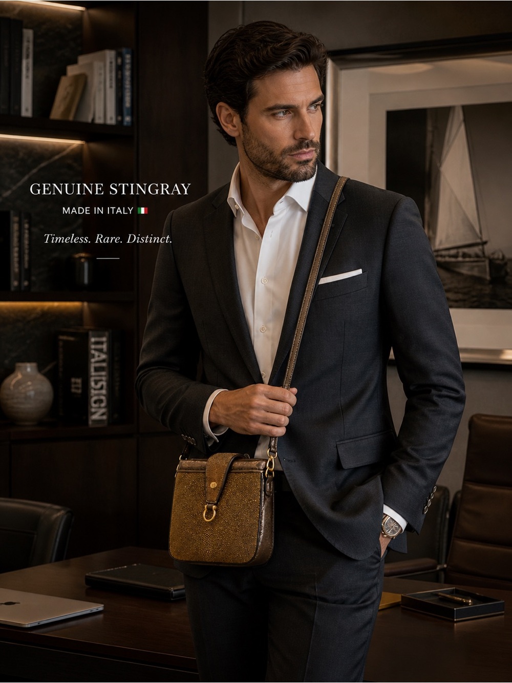 Genuine Stingray Leather Crossbody Bag Made in Italy Exotic Luxury Gold Brown - Picture 11 of 12